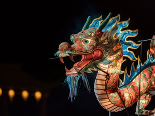 Colorful illuminated dragon lantern against a blurred backdrop of festival lights.