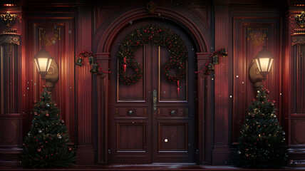 An 8K ultra-detailed scene of 3D double doors adorned with Christmas lanterns and obsidian details,...
