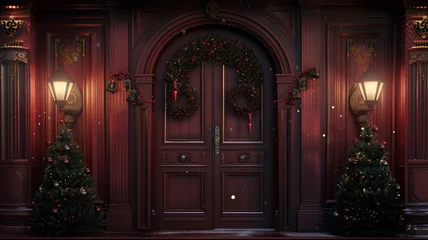 Crédence de cuisine en verre imprimé Bordeaux An 8K ultra-detailed scene of 3D double doors adorned with Christmas lanterns and obsidian details, against a rich mahogany background