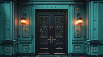 An 8K ultra-realistic image of 3D double doors featuring Christmas lanterns and obsidian details,...