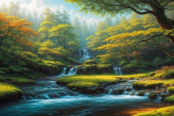 Fototapeta na wymiar 美しい森と川の背景画像