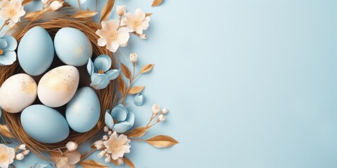 Easter colorful blue eggs in nest and spring blossom flowers on pastel blue background. Banner. Copy space. Greeting card. View from above. - Powered by Adobe