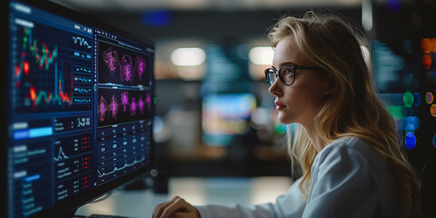 Engineer or scientist analyzing stream of data. A researcher or scientist analyzing data charts.