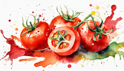 Watercolor illustration of fresh tomatoes with splashes of paint. Organic vegetable. Hand drawn art