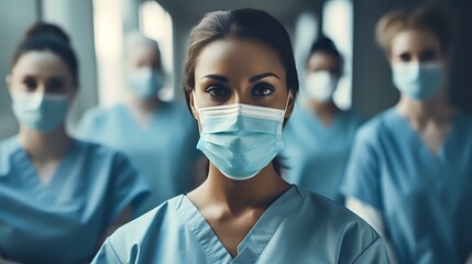 A young female doctor or nurse wearing a surgical mask looks