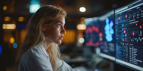 Engineer or scientist analyzing stream of data. A researcher or scientist analyzing data charts.