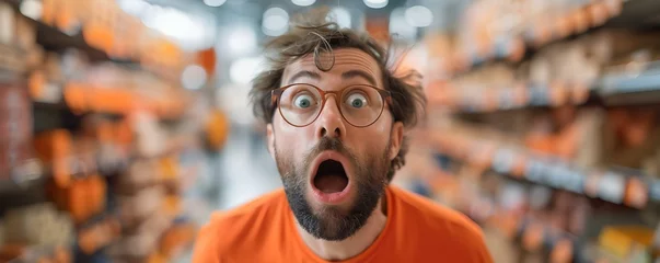Deurstickers Shocked shopper reacts to high prices highlighting the exorbitant cost of items. Concept Shopping, High Prices, Reaction, Exorbitant Cost, Shocked Shopper © Ян Заболотний