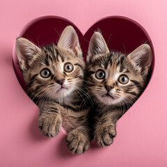 Two cute kittens peeks out of a hole in the shape of a heart on pink background. Valentine's day, love and romantic concept. Creative design for greeting card, banner, poster with copy space