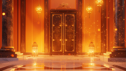 An ultra-detailed 8K rendering of majestic 3D double doors embellished with Christmas lanterns and obsidian engravings, on a warm orange background