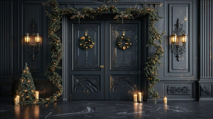 An ultra-high resolution 8K image of 3D double doors decorated with Christmas lanterns and obsidian...