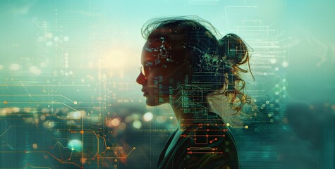 A Contemplative Woman, Her Profile Seamlessly Integrated With a Web of Data Circuits and Digital Pathways
