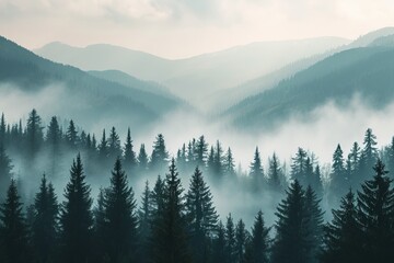 Foggy forest in the mountains