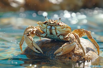 A digital image of a sun-kissed crab on a rock in sparkling waters that communicates a sense of warmth and life