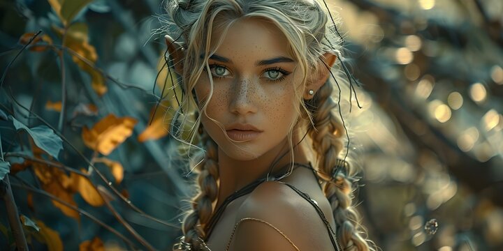 Beautiful and mighty woman warrior elf in enchanted forest setting pose. Concept Fantasy, Warrior, Elf, Enchanted Forest, Photoshoot - Powered by Adobe