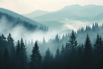 Foggy forest in the mountains - obrazy, fototapety, plakaty