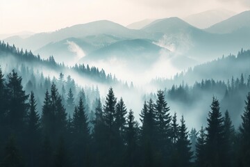 Foggy forest in the mountains - obrazy, fototapety, plakaty