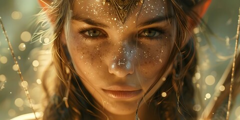 Majestic female warrior elf in a magical forest scene. Concept Fantasy Character, Warrior Elf, Magical Forest, Outdoor Photoshoot, Cosplay Costume