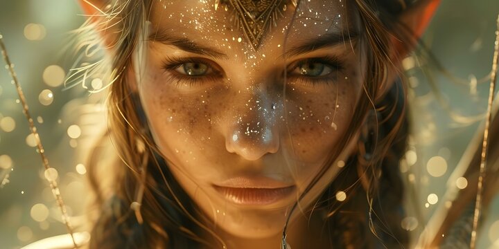 Majestic female warrior elf in a magical forest scene. Concept Fantasy Character, Warrior Elf, Magical Forest, Outdoor Photoshoot, Cosplay Costume