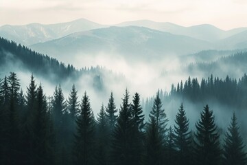 Foggy forest in the mountains