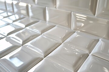 Elegantly designed three-dimensional white tiles reflecting light uniquely, ideal for sophisticated architectural spaces