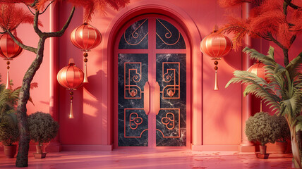 A high-definition 8K image of 3D double doors adorned with Christmas lanterns and engraved obsidian, against a coral pink background