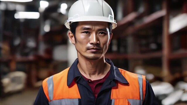 Asian worker in white helmet in construction warehouse.
