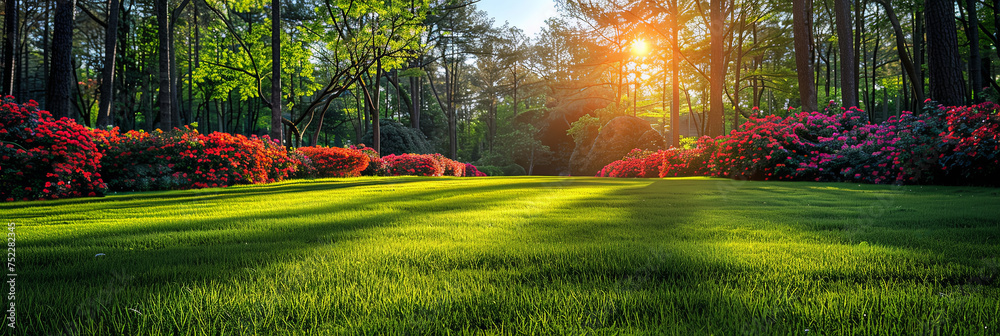 Poster the suns golden rays stream through a canopy of leafy trees in a tranquil park, illuminating the lus