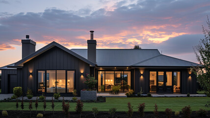 Chic traditional house in black and dark grey under a pastel periwinkle sky for a calm setting,...
