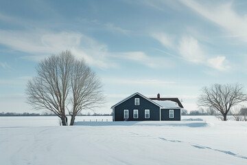 Fototapeta na wymiar Classic one-story house with a black and dark grey exterior amidst a tranquil snow-covered landscape, pale blue sky overhead