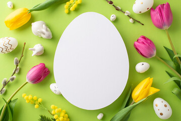 Greet spring with this Easter-themed setup. Top view of fresh tulips, mimosa, pussy willow, assorted eggs, bunny decor on gentle green background, accompanied by egg-shaped space for your festive text