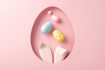 Springtime Easter vibe: top view photo of bunny wars, and colored eggs visible through an...