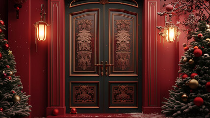 A high-fidelity 8K picture of 3D double doors accented with Christmas lanterns and obsidian engravings, against a rich burgundy background