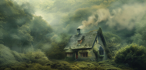 Close exterior view of a cozy cottage nestled in a lush green forest, smoke gently rising from the chimney, background color: soft sage green