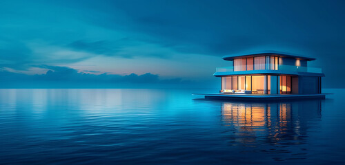 Close exterior view of a luxury yacht house on the open sea at twilight, background color: deep sea blue