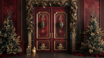 Fototapeta na wymiar A high-fidelity 8K picture of 3D double doors accented with Christmas lanterns and obsidian engravings, against a rich burgundy background