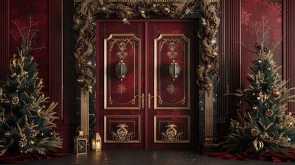 Poster A high-fidelity 8K picture of 3D double doors accented with Christmas lanterns and obsidian engravings, against a rich burgundy background © Nairobi 