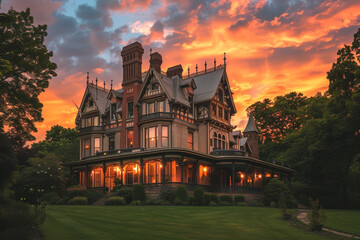 A historic mansion with period-appropriate outdoor lighting in an estate with an amber sunset sky