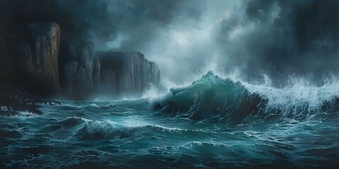 Stormy waves crash against cliffs in a dramatic seashore oil painting scene. Concept Seashore Oil...