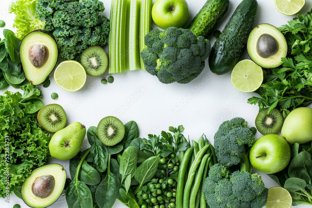 Poster A white table boasts an abundant array of fresh green fruits and vegetables, creating a vibrant display of natural goodness