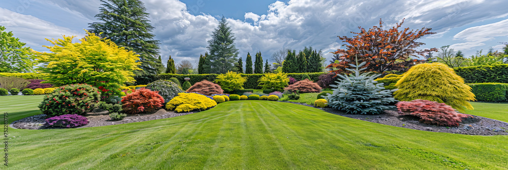 Aufkleber a vibrant and diverse array of trees and shrubs fill a lush green yard, creating a picturesque scene