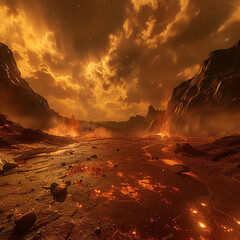 Fototapeta premium A virtual journey across a dark planet hellfire represents negative emotions controlled