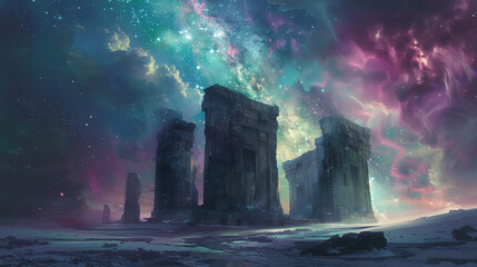 ancient ruins blessed by divine healing and Aurora Australis - obrazy, fototapety, plakaty