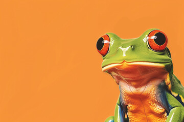 frog or turtle cartoon illustration, graphic banner with orange background and copyspace - obrazy, fototapety, plakaty