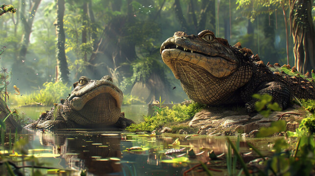 A scene of pleased wetland reptiles entertained by the natural rhythm of their ecosystem