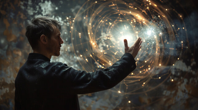 Ancient astrologer mapping the stars celestial charts and zodiac signs otherworldly glow