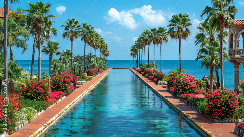 Poster a serene scene of a large pool surrounded by lush palm trees, overlooking the vast ocean on a sunny 