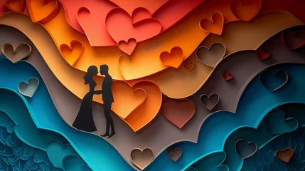 Foto op Plexiglas Bound by paper Against a backdrop of overlapping heart layers a paper couple stands united their connection © Pornarun
