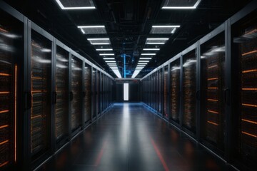 A modern data center with racks of servers, cooling systems
