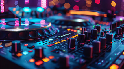 Obraz premium Club DJ in the mix colorful lights reflecting on turntables energy in motion