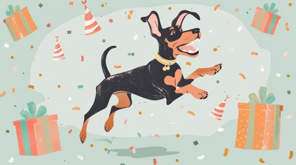A drawing of a dog leaping through the air with joyful energy and excitement. Pet Birthday Celebration